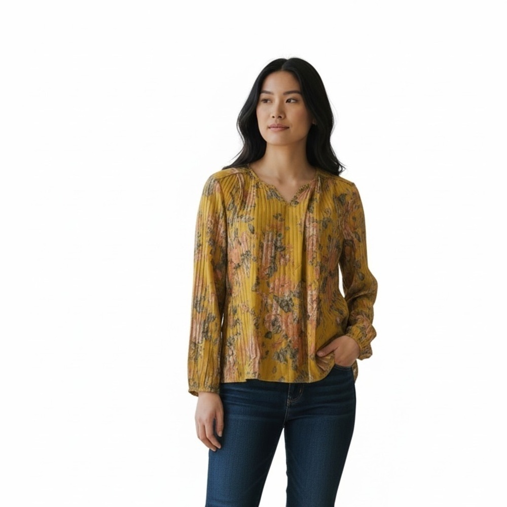 Tolani Collection Golden Yellow  Floral Gypsy Boho Peasant Blouse sz M NWT